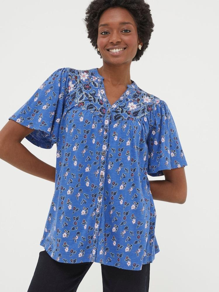 Fat Face Blue Polly Layered Floral Top