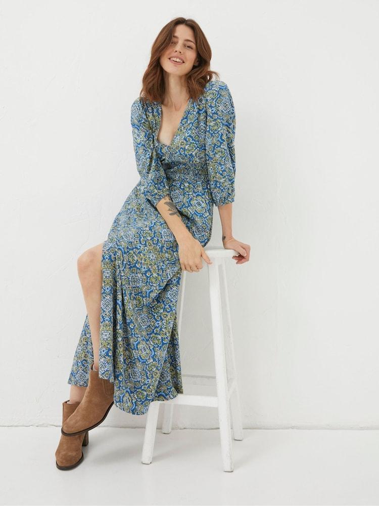 Fat Face Blue Rene Aztec Texture Midi Dress