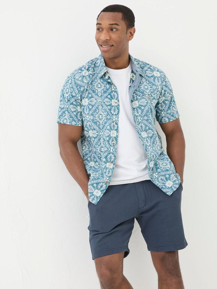 Fat Face Blue Short Sleeve Large Tile Print Shirt