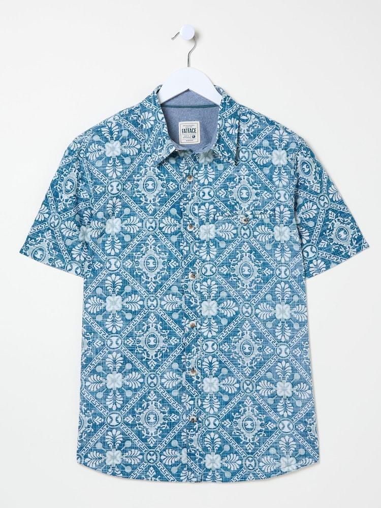 fat face Blue Short Sleeve Large Tile Print Shirt