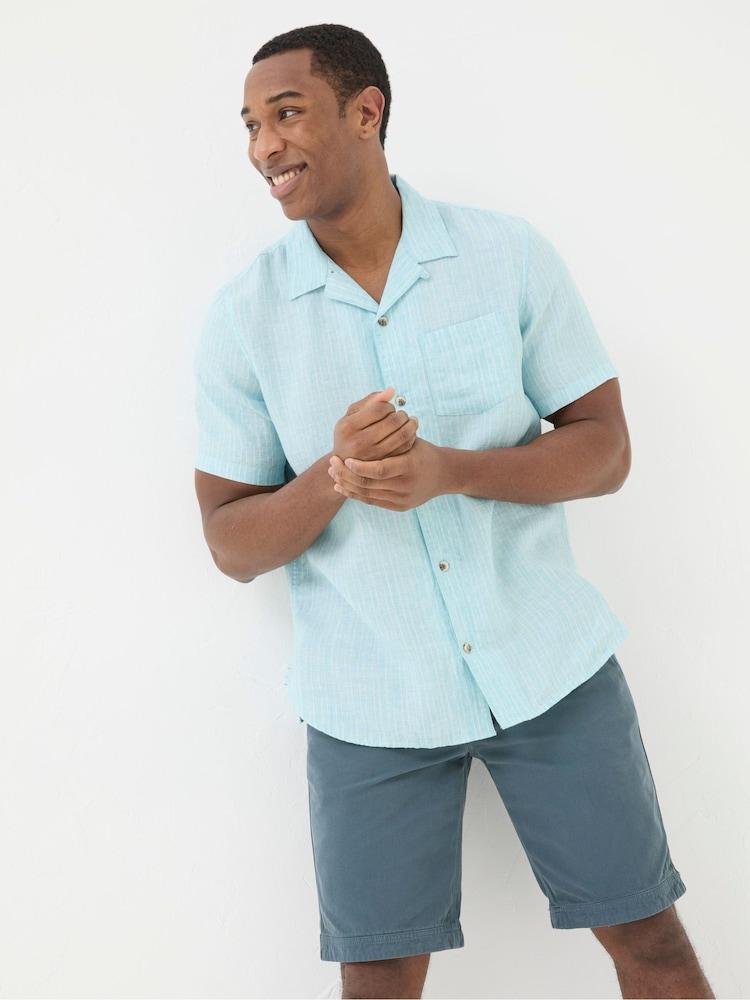 Fat Face Blue Short Sleeve Stripe Linen Shirt