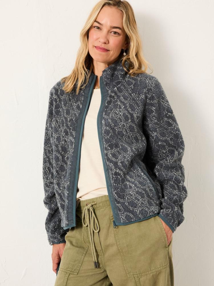 Fat Face Blue Texture Floral Zip Through Fleece