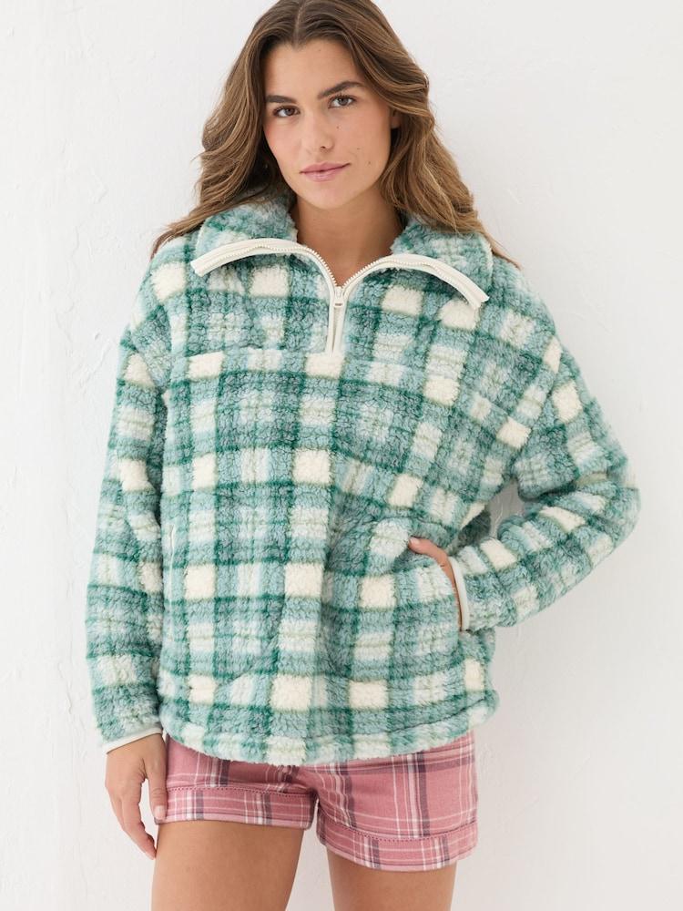 Fat Face Borg Green Check Half Zip Fleece