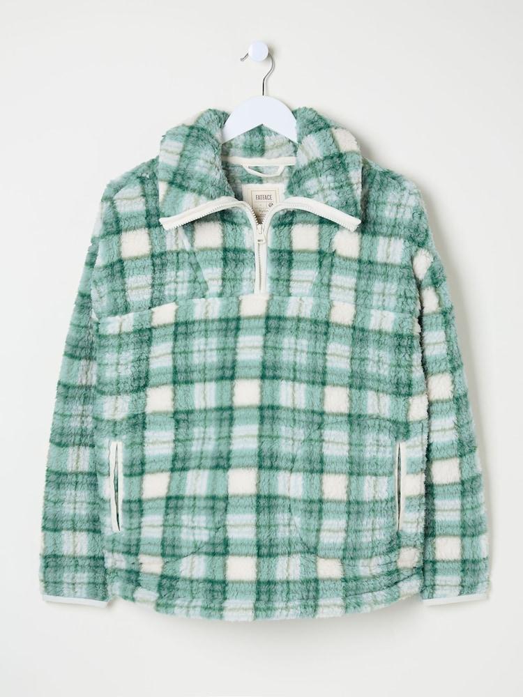 fat face Borg Green Check Half Zip Fleece
