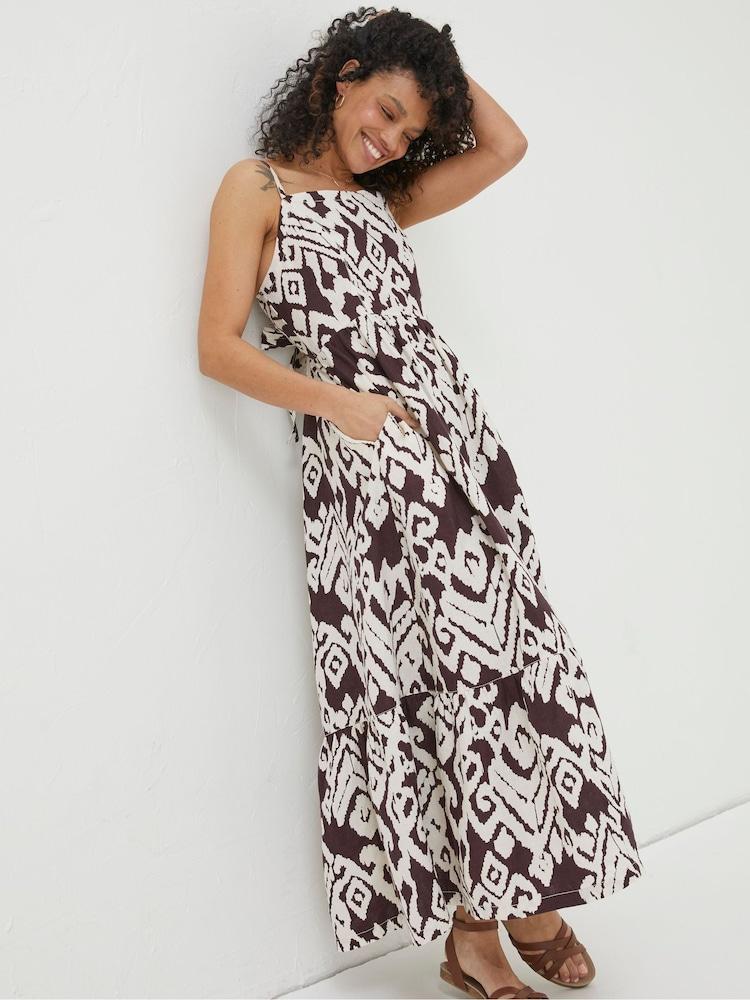 Fat Face Brown Ikat Julien Linen Midi Dress