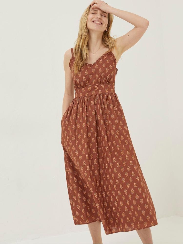 Fat Face Brown Woodblock Jayden Midi Dress