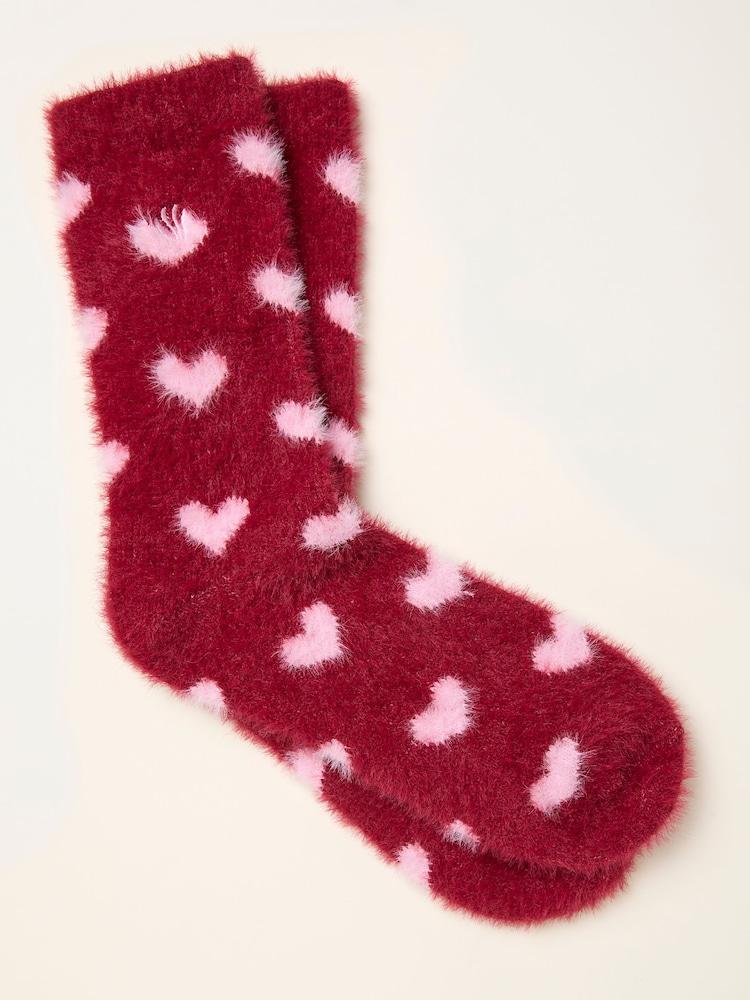 Fat Face Burgundy Fluffy Heart Socks