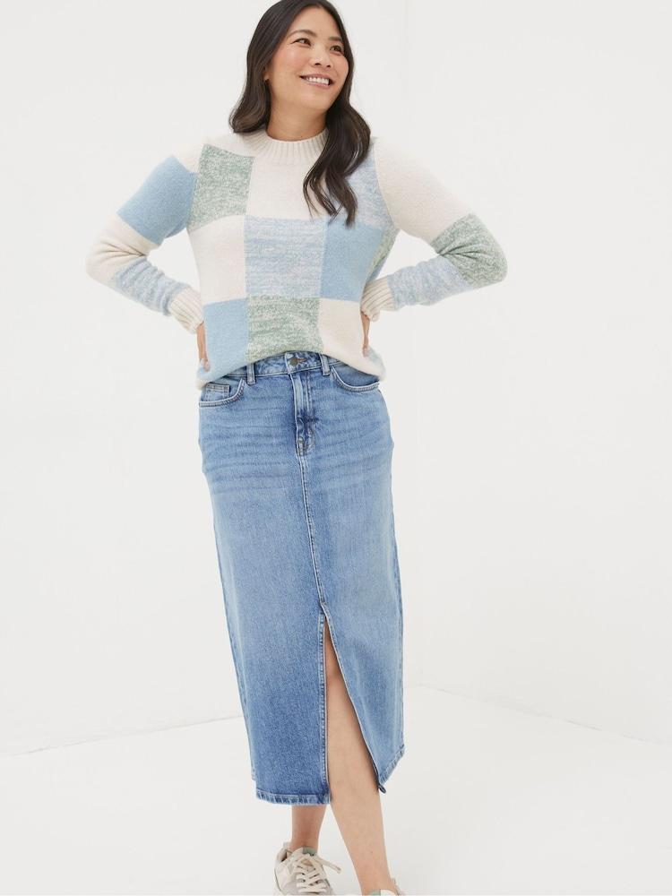 Fat Face Carla Blue Denim Midi Skirt