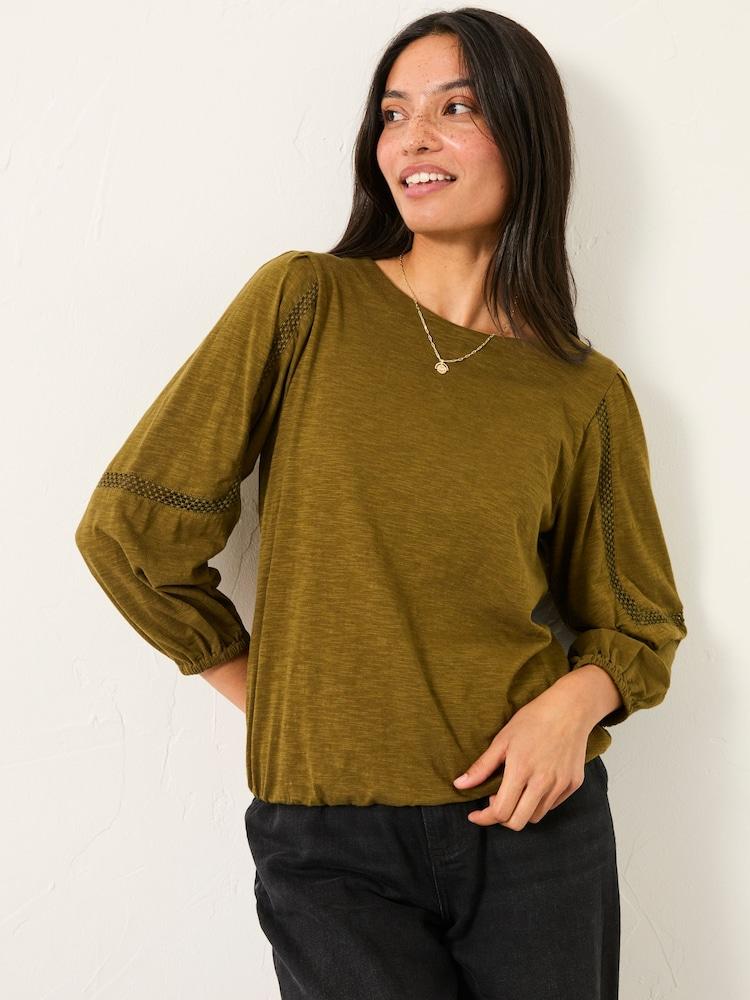 Fat Face Cassie Olive Green Broderie Top