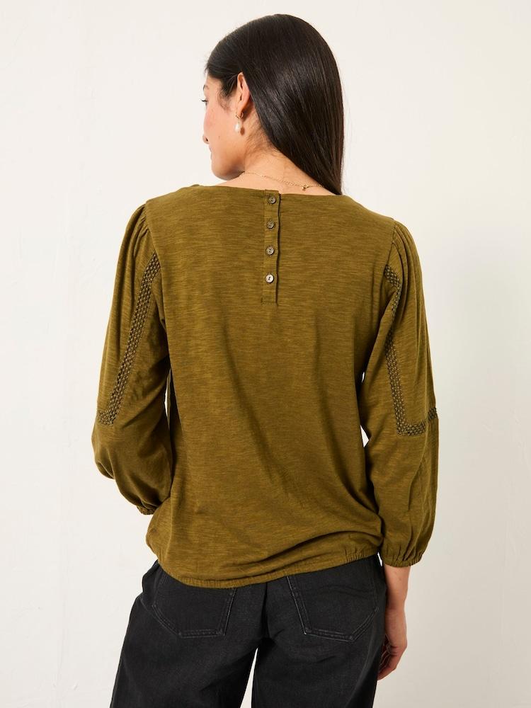 Fat Face Cassie Olive Green Broderie Top