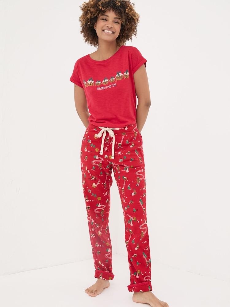 Fat Face Christmas Eva Red Food Pyjama Bottoms