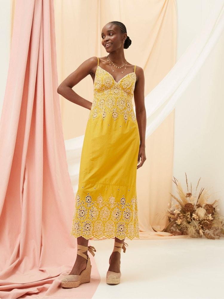 Fat Face Daisy Yellow Broderie Midi Dress