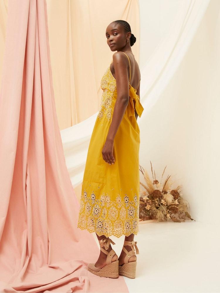Fat Face Daisy Yellow Broderie Midi Dress