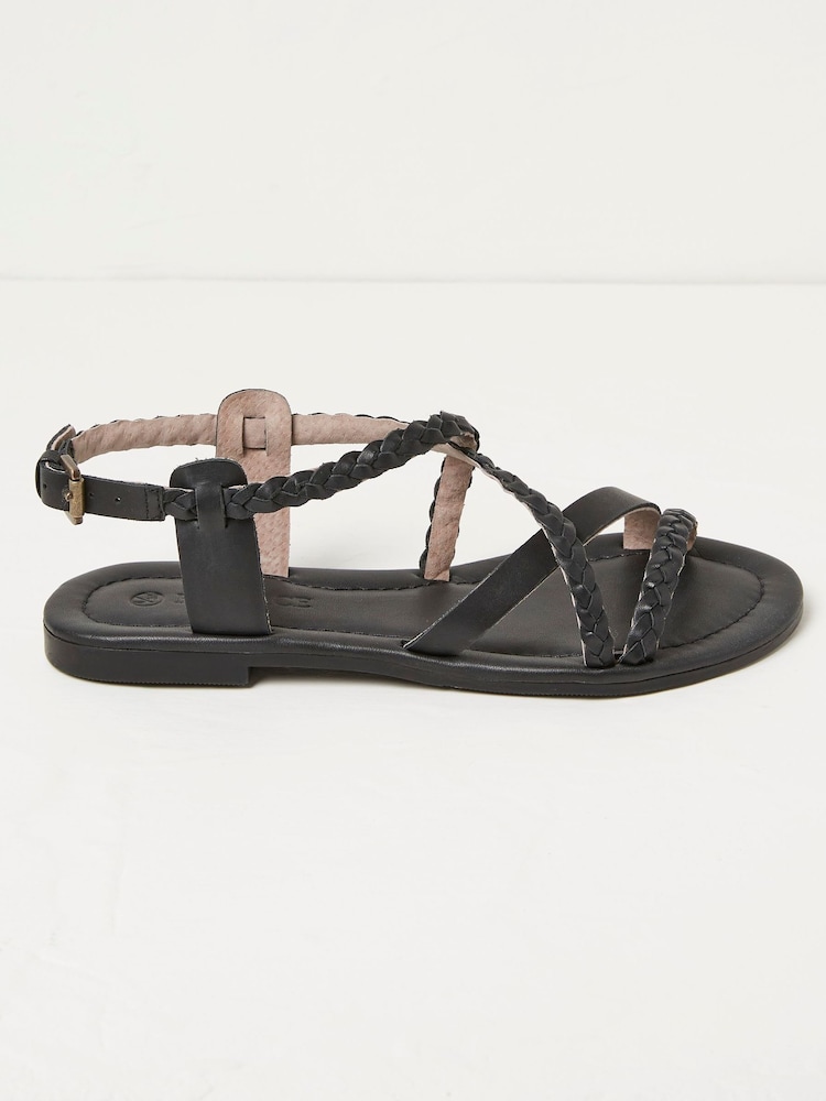 Fat Face Daphne Black Leather Braided Sandals