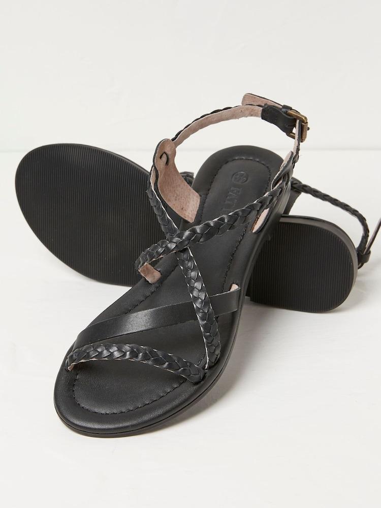 Fat Face Daphne Black Leather Braided Sandals