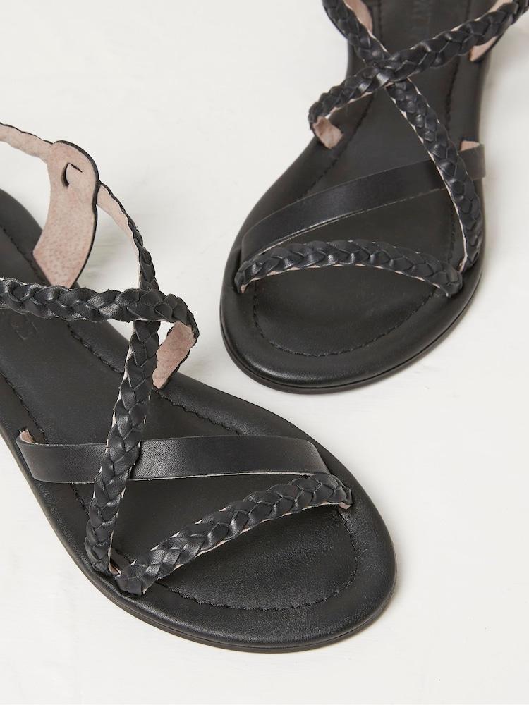 fat face Daphne Black Leather Braided Sandals