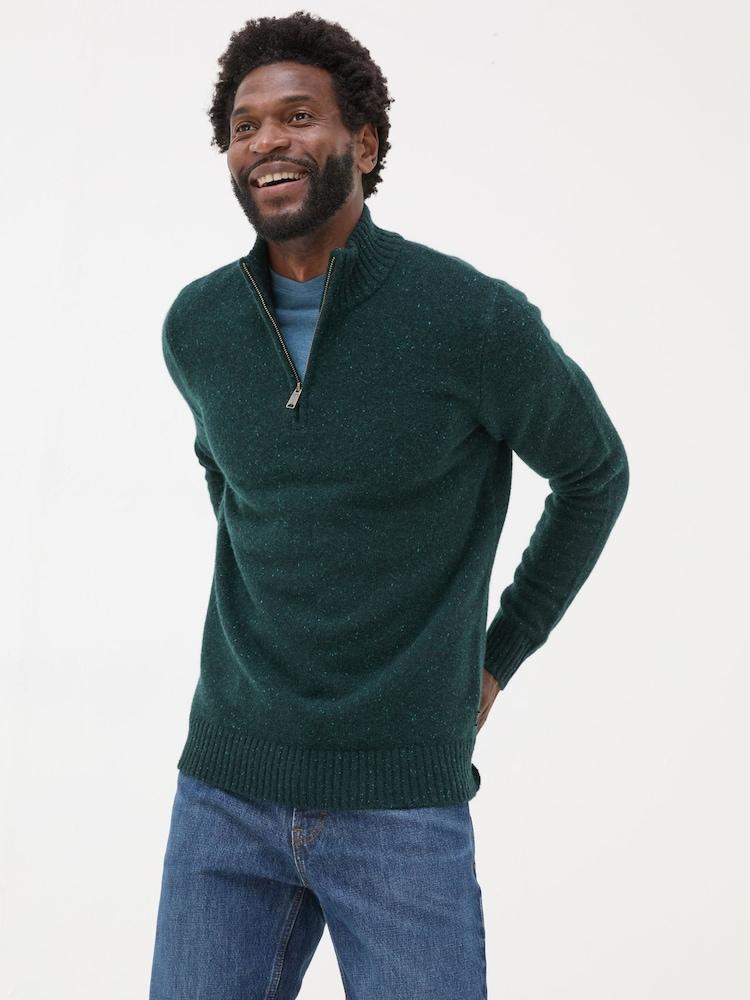 Fat Face Dark Green Lambswool Half Neck Jumper