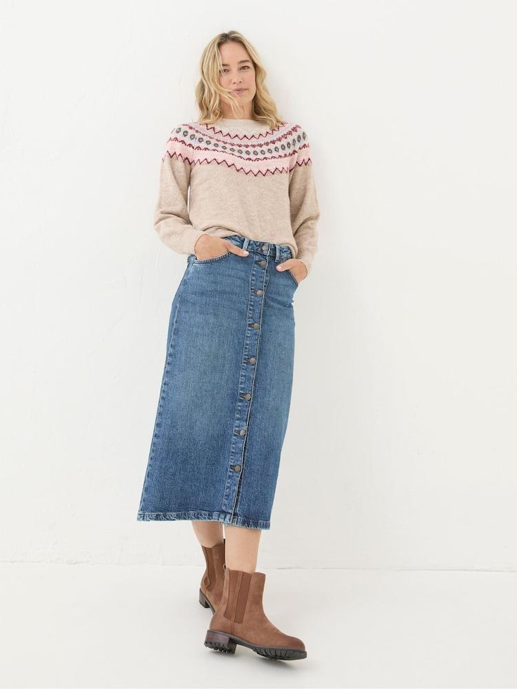 Fat Face Darna Blue Denim Midi Skirt