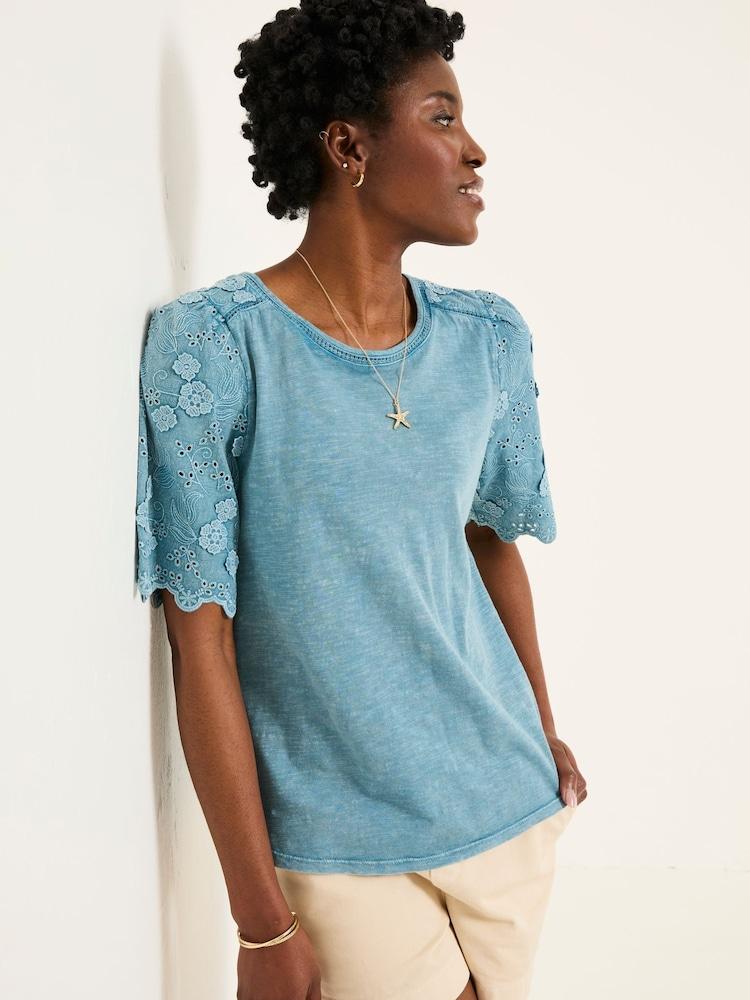 Fat Face Denim Blue Pretty Broderie Top