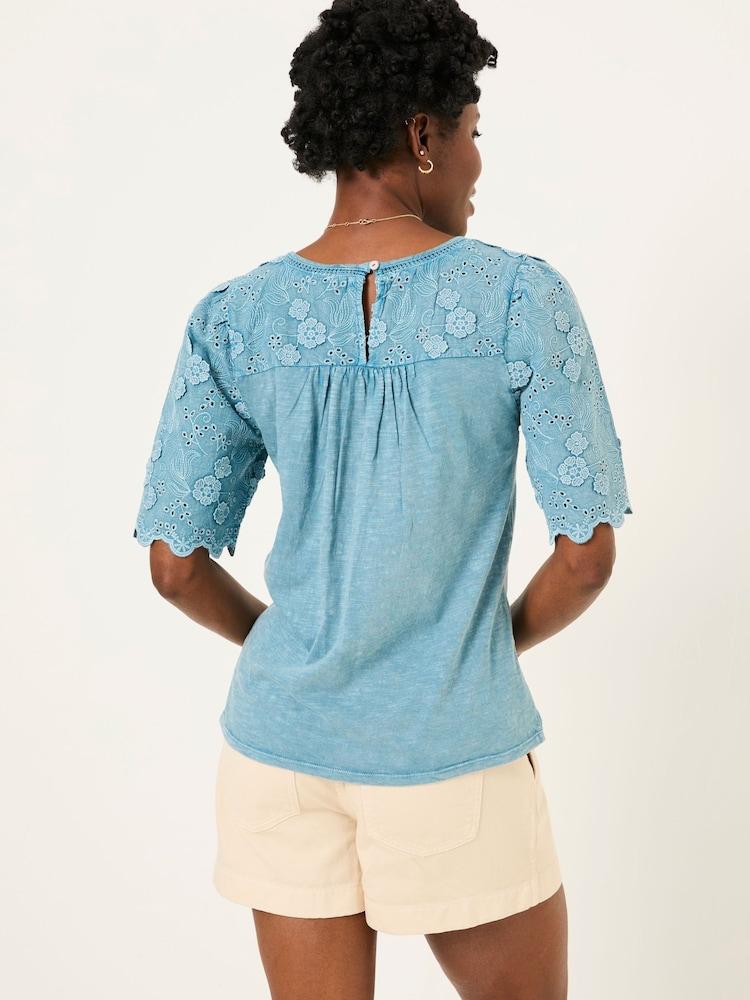 Fat Face Denim Blue Pretty Broderie Top
