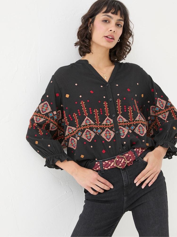 Fat Face Elana Black Embroidered Blouse