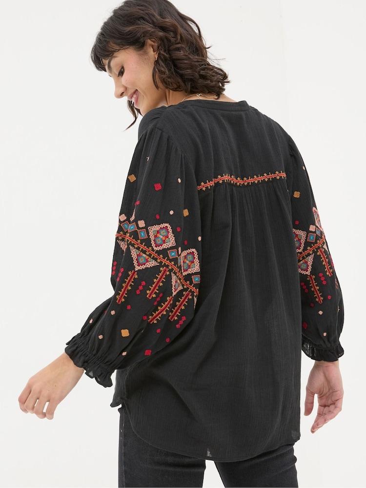 Fat Face Elana Black Embroidered Blouse