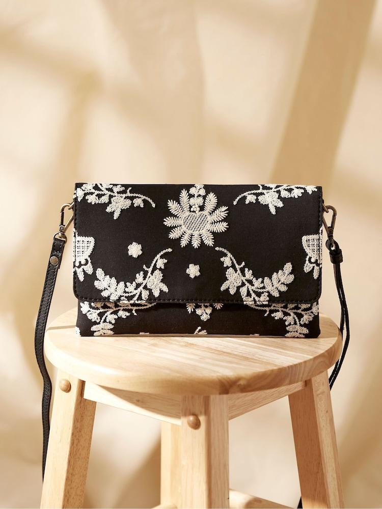 Fat Face Elena Black Broderie Wristlet Bag