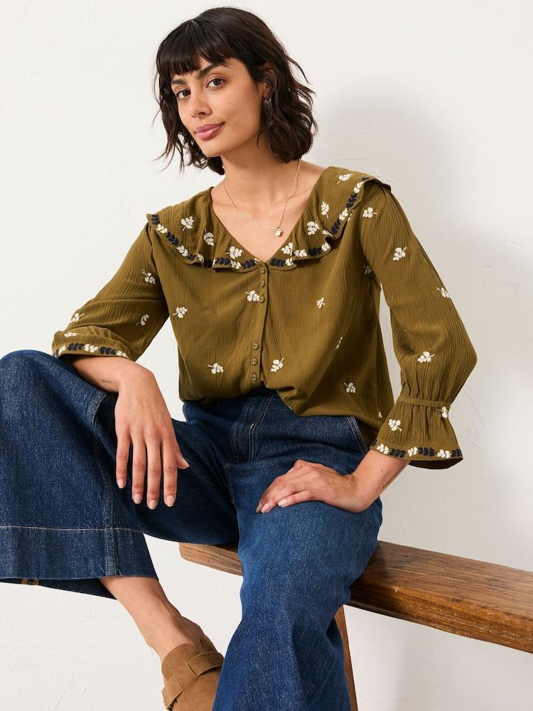 Fat Face Etta Olive Green Embroidered Blouse