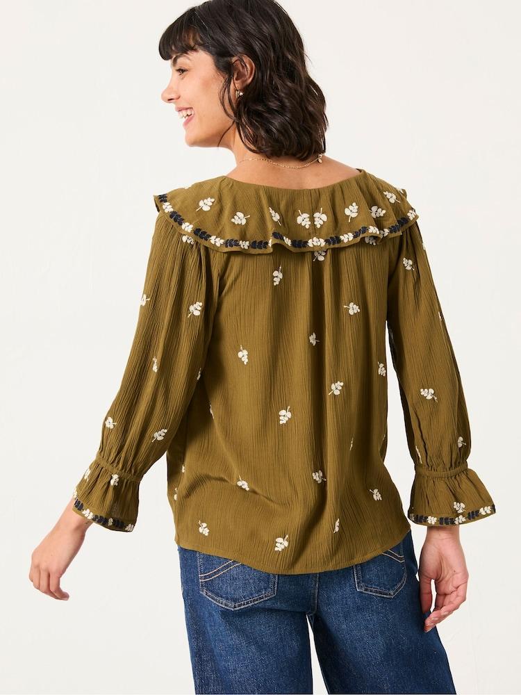 Fat Face Etta Olive Green Embroidered Blouse