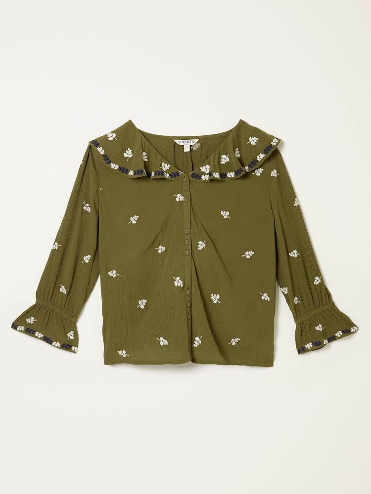 fat face Etta Olive Green Embroidered Blouse
