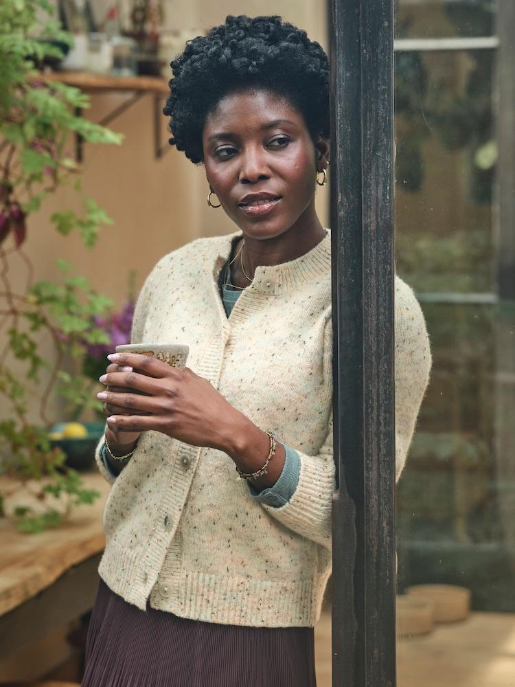 Fat Face Faye Chalk White Flecked Knitted Cardigan