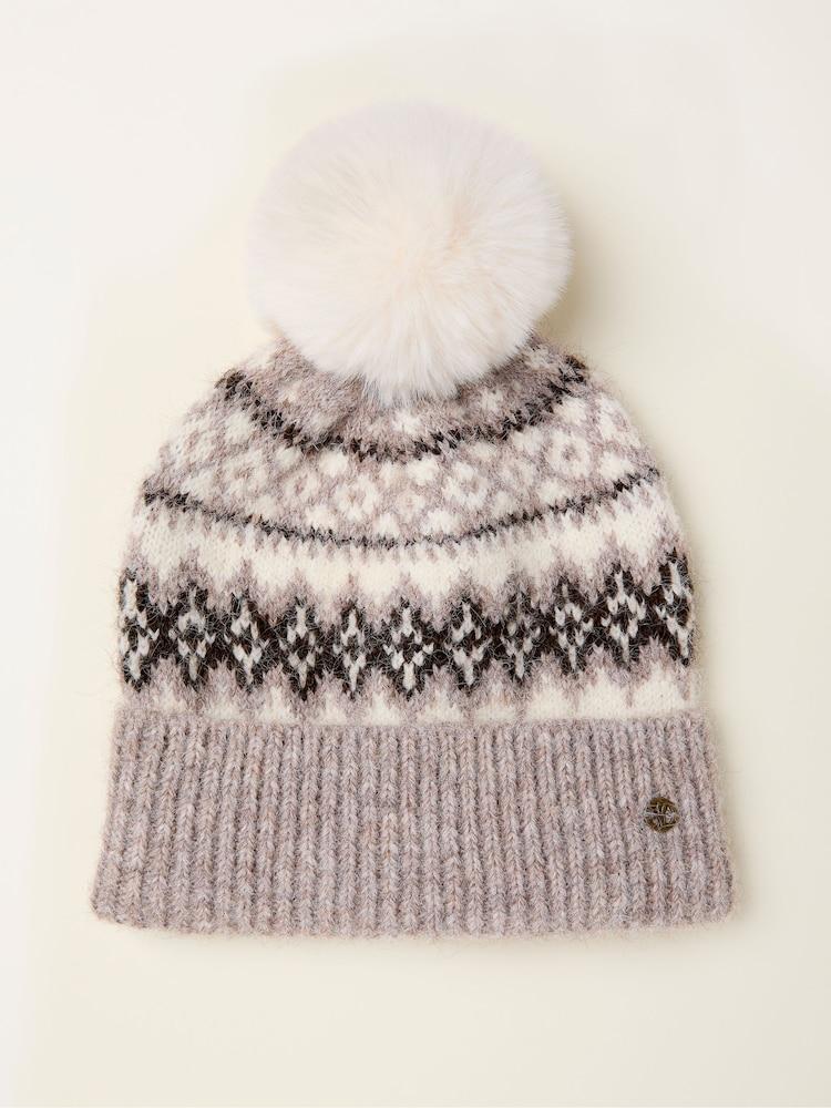 Fat Face Fleur Beige Fairisle Bobble Hat