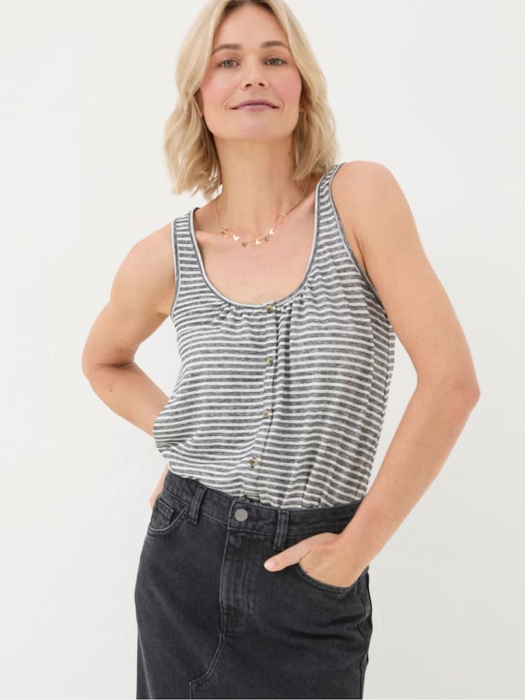 Fat Face Flora Black Cotton Linen Stripe Vest