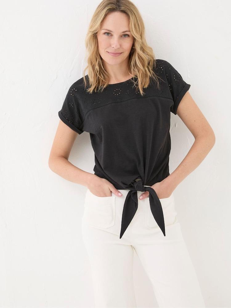 Fat Face Fran Black Broderie Tie Front T-Shirt