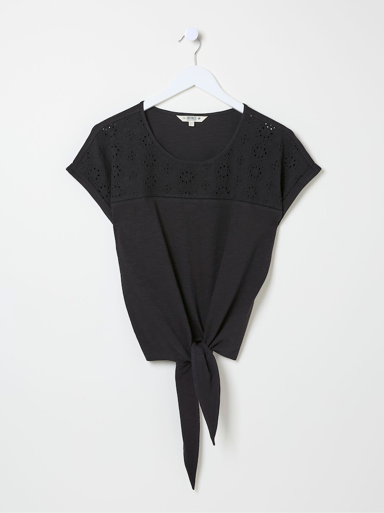fat face Fran Black Broderie Tie Front T-Shirt