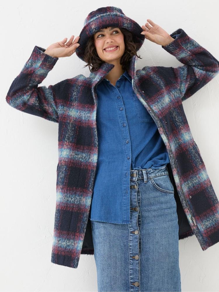 Fat Face Freya Blue Wool Blend Check Coat