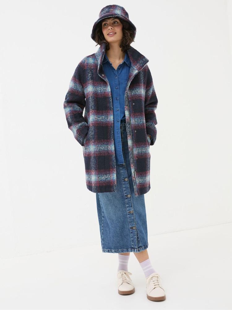 Fat Face Freya Blue Wool Blend Check Coat