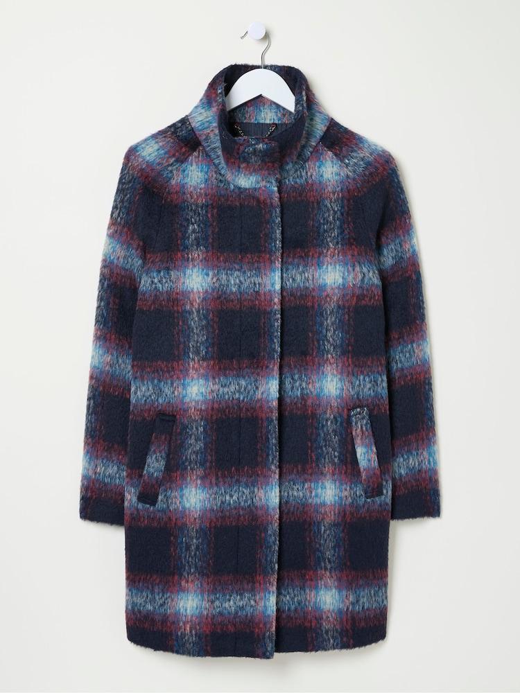 fat face Freya Blue Wool Blend Check Coat