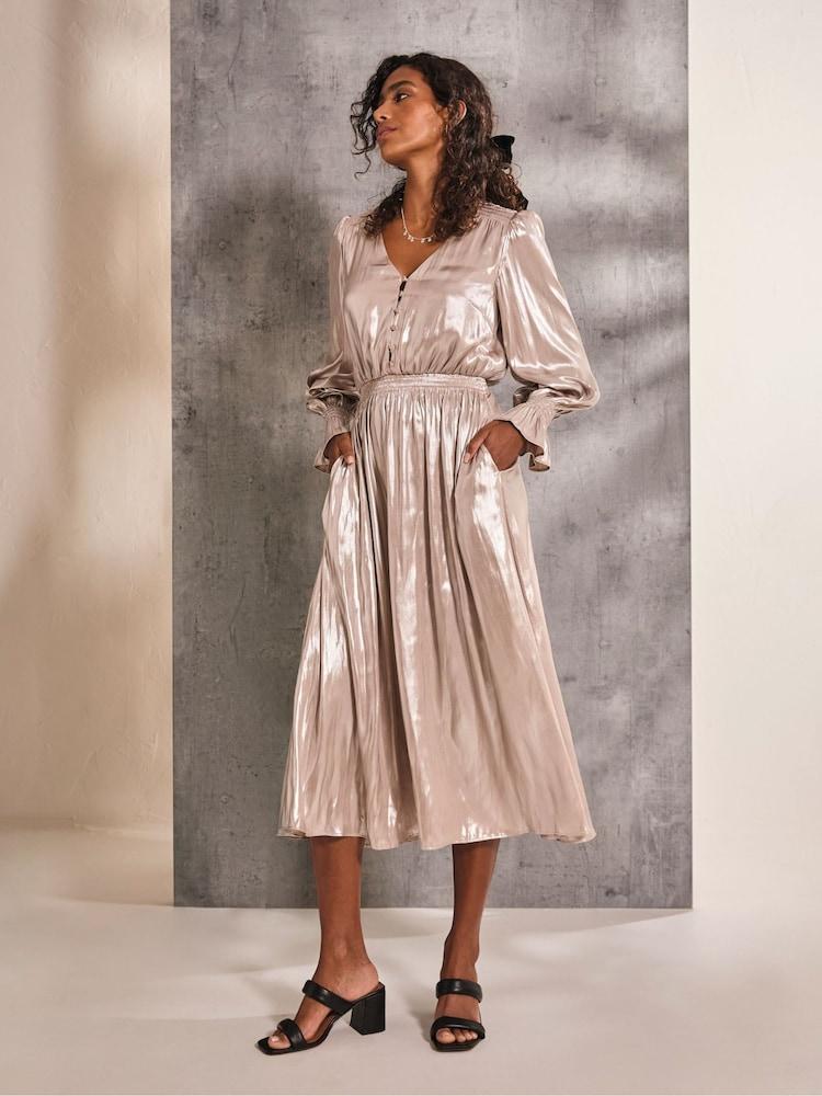 Fat Face Gold Rina Metallic Midi Dress