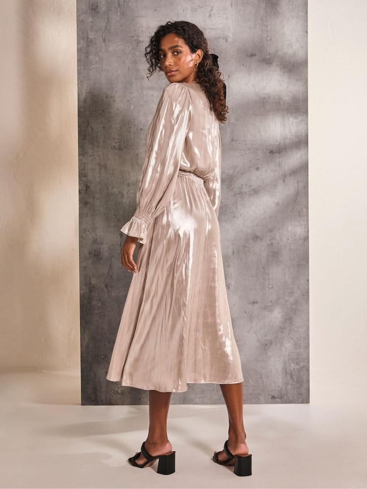 Fat Face Gold Rina Metallic Midi Dress