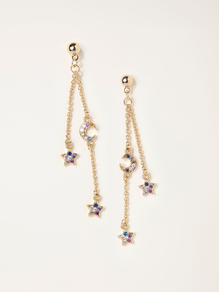 Fat Face Gold Tone Star And Moon Chain Earrings