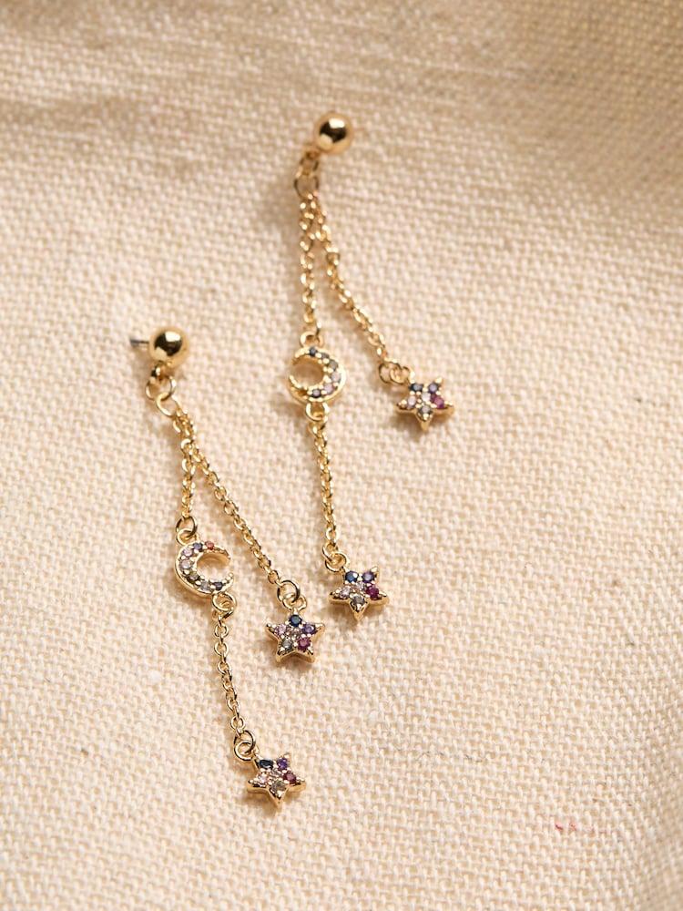 fat face Gold Tone Star and Moon Chain Earrings