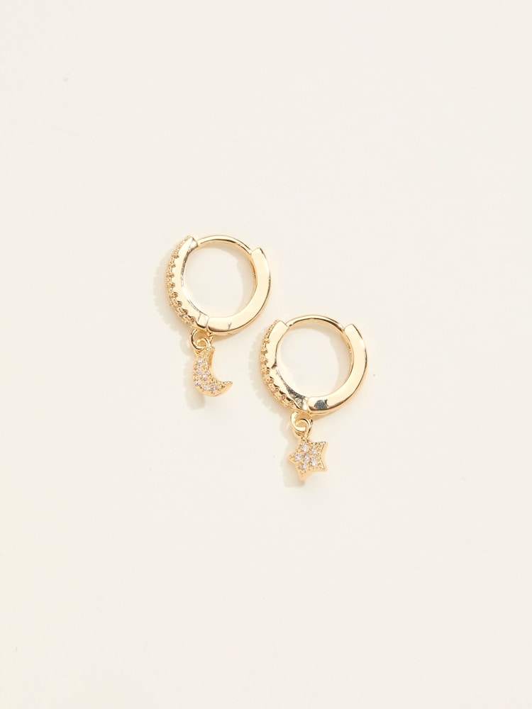 Fat Face Gold Tone Star And Moon Huggie Earrings