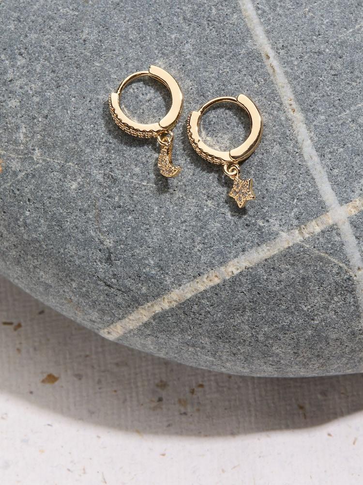 Fat Face Gold Tone Star And Moon Huggie Earrings