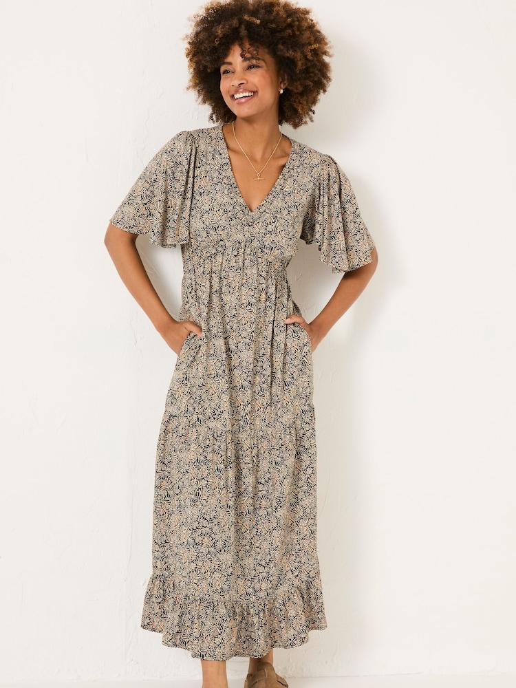 Fat Face Grace Black Leaf Dot Midi Dress