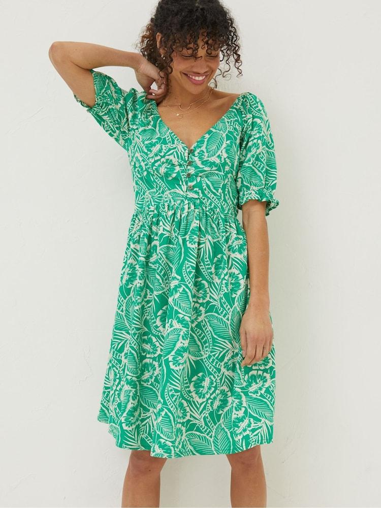 Fat Face Green Aideen Linen Blend Leaf Dress