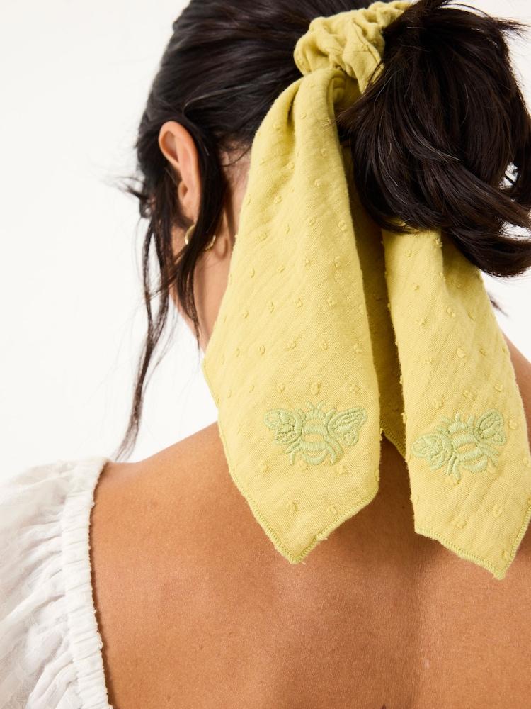 Fat Face Green Beeble Embroidered Tie Scrunchie