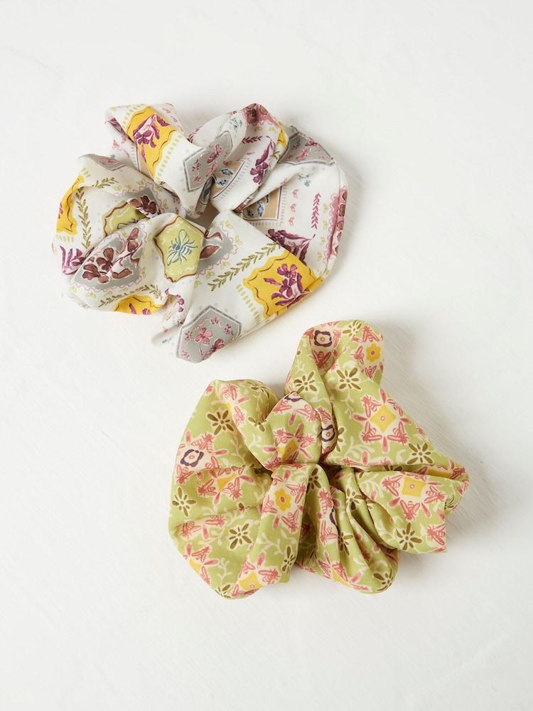 Fat Face Green Beeble Printed Scrunchies 2 Pack