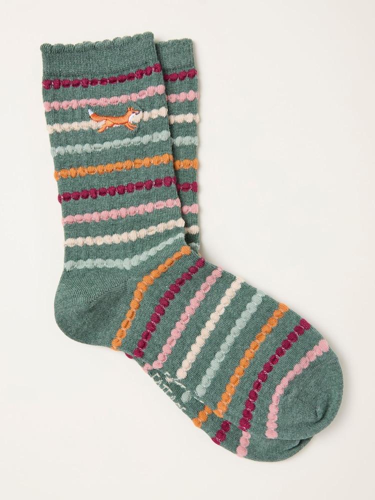 Fat Face Green Fox Embroidered Socks