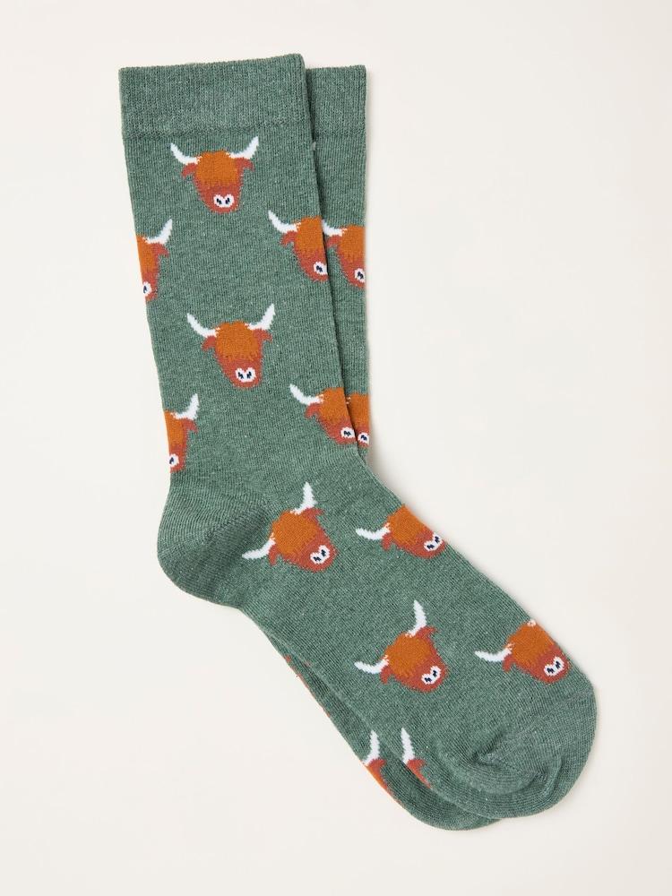 Fat Face Green Highland Cow Socks